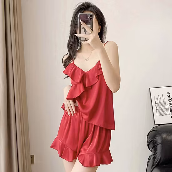 2022 Custom Wholesale Long Sleeved Shorts Pajamas Set Solid Color Sexy Silk Sleepwear Set for Women