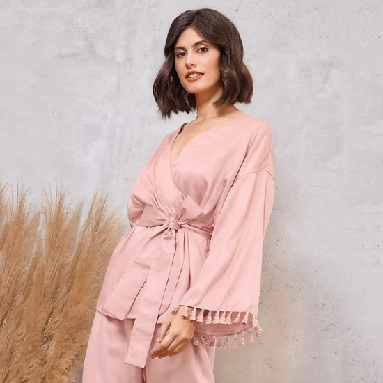 Womens Tassel Long Sleeves Satin Pajamas 2 Pieces Robe Set Pink Pajama Robe Sleepwear